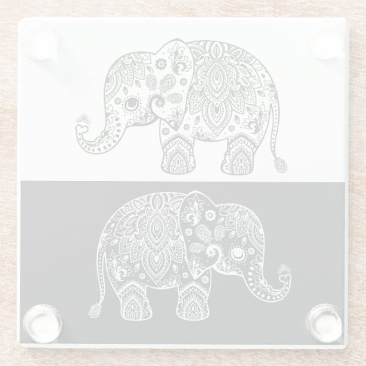 黒く及び白いペイズリーのレース象のイラストレーション ガラスコースター (裏面)