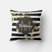 黒く及び白いモノグラムのフェイクな金ゴールドのペンキの(ばちゃばちゃ)跳ねる クッション (裏面)