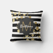 黒く及び白いモノグラムのフェイクな金ゴールドのペンキの（ばちゃばちゃ）跳ねる クッション (正面)