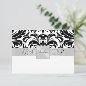 黒く及び白いモノグラムの半分のダマスク織RSVPの招待状 出欠カード (スタンド正面)