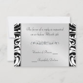 黒く及び白いモノグラムの半分のダマスク織RSVPの招待状 出欠カード (裏面)