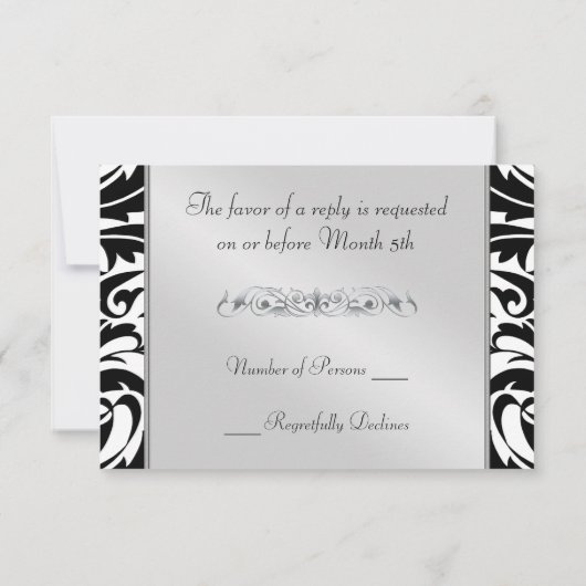 黒く及び白いモノグラムの半分のダマスク織RSVPの招待状 出欠カード (裏面)