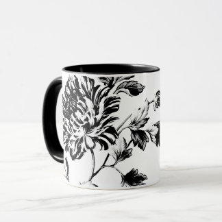 黒く及び白いヴィンテージ植物の花のToile マグカップ