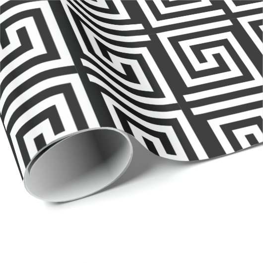 黒く及び白い包装紙のギリシャ人の鍵のデザイン ラッピングペーパー (ロールコーナー)