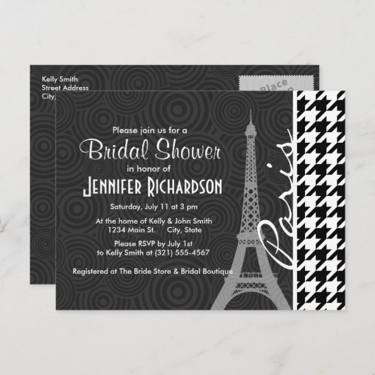 黒く及び白い千鳥格子の; パリ インビテーションポストカード (正面/裏面)