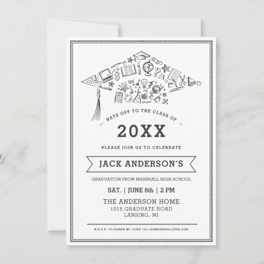 黒く及び白い卒業の帽子のパーティーの招待の写真 招待状 (正面)