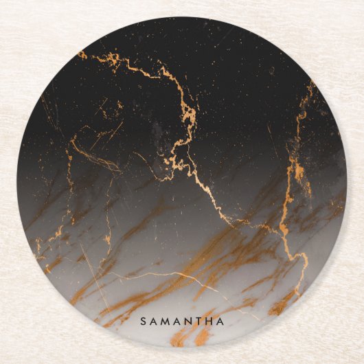 黒く及び白い大理石 ラウンドペーパーコースター (正面)