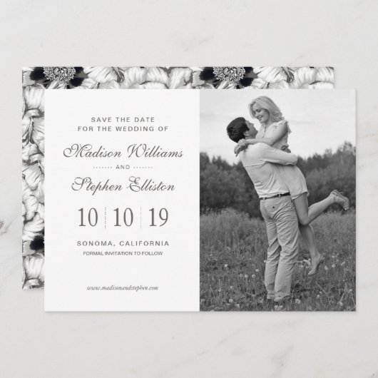 黒く及び白い手描きの花柄-日付を救って下さい セーブザデート (正面/裏面)