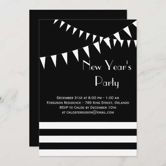 黒く及び白い新年のパーティの招待状 招待状 (正面/裏面)