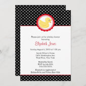 黒く及び白い水玉模様のアヒルのベビーシャワー 招待状 (正面/裏面)