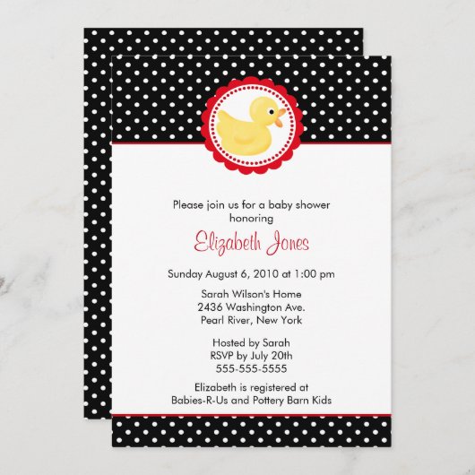 黒く及び白い水玉模様のアヒルのベビーシャワー 招待状 (正面/裏面)