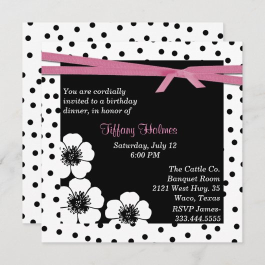 黒く及び白い水玉模様の誕生日の招待状 招待状 (正面/裏面)