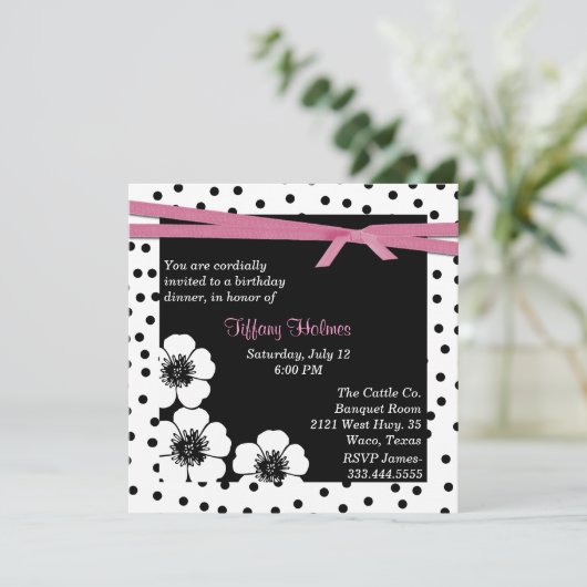 黒く及び白い水玉模様の誕生日の招待状 招待状 (スタンド正面)