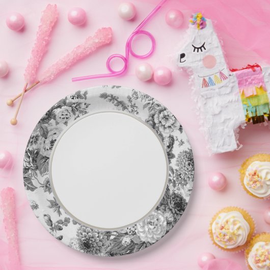 黒く及び白い灰色のヴィンテージ花のToile No.3 ペーパープレート (パーティー)