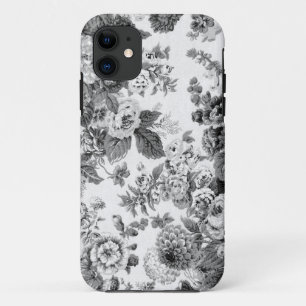 黒く及び白い灰色の調子のヴィンテージ花のToile No.3 iPhone 11 ケース