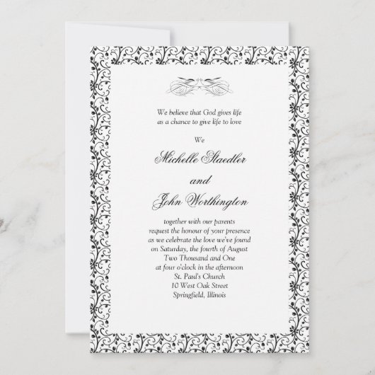 黒く及び白い結婚式招待状のテンプレート 招待状 (正面)