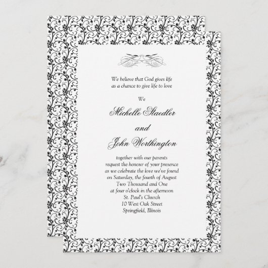 黒く及び白い結婚式招待状のテンプレート 招待状 (正面/裏面)