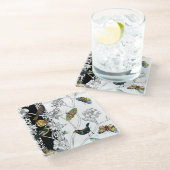 黒く及び白い背景の鳥そして蝶 ガラスコースター (アングル)