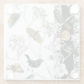 黒く及び白い背景の鳥そして蝶 ガラスコースター (裏面)