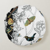 黒く及び白い背景の鳥そして蝶 ラウンドクッション (裏面)