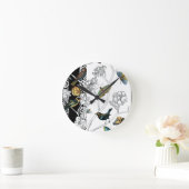 黒く及び白い背景の鳥そして蝶 ラウンド壁時計 (ホーム)