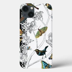 黒く及び白い背景の鳥そして蝶 iPhone 13ケース
