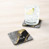 黒く及び白い花のダマスク織パターン コースター (右側)