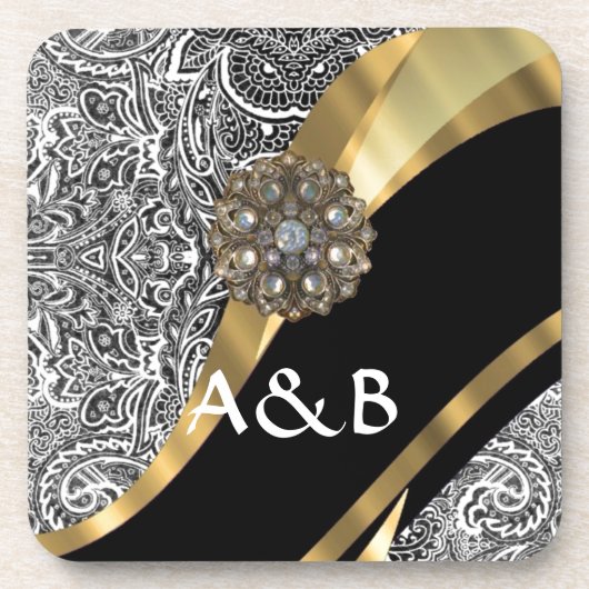 黒く及び白い花のダマスク織パターン コースター (正面)