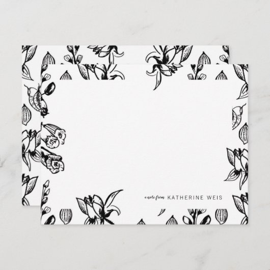 黒く及び白い花のパーソナライズな文房具 ノートカード (正面/裏面)