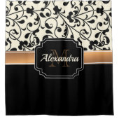 黒く及び白い花柄 シャワーカーテン (正面)