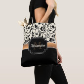 黒く及び白い花柄 トートバッグ (クローズアップ)