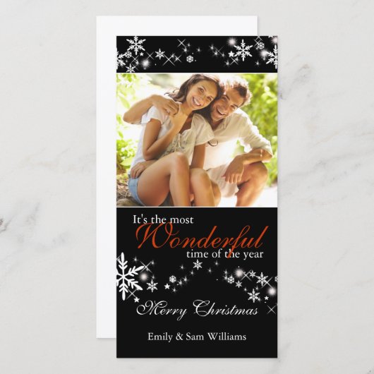 黒く及び白い雪片のシックな休日の写真 シーズンカード (正面/裏面)