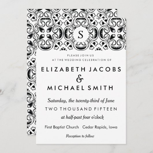 黒く及び白くスペインのなタイルの結婚式招待状 招待状 (正面/裏面)