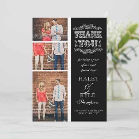 黒く及び白く上品な結婚式は写真カード感謝していしています サンキューカード (スタンド正面)