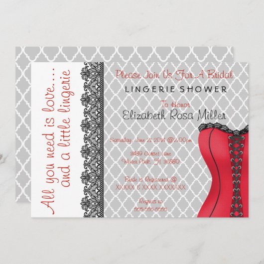 黒く及び赤いコルセットのランジェリーのブライダルシャワーの招待 招待状 (正面/裏面)