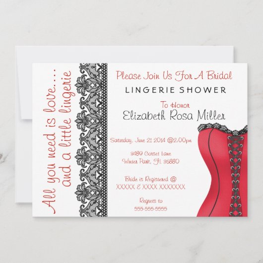 黒く及び赤いコルセットのランジェリーのブライダルシャワーの招待 招待状 (正面)