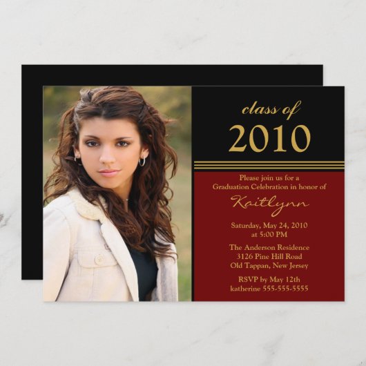 黒く及び赤い写真の卒業の招待状 招待状 (正面/裏面)