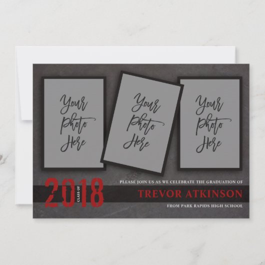 黒く及び赤い写真の男の子の卒業の発表 招待状 (正面)