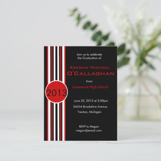 黒く及び赤くストライプのな卒業のパーティの招待状 招待状 (スタンド正面)