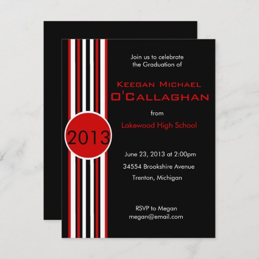 黒く及び赤くストライプのな卒業のパーティの招待状 招待状 (正面/裏面)