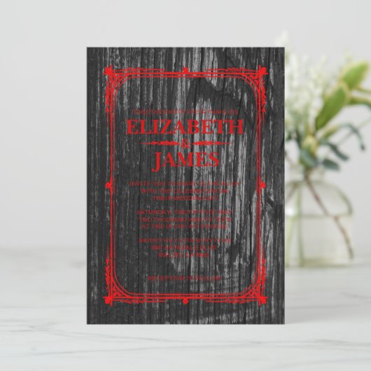 黒く及び赤く素朴な納屋木結婚式招待状 招待状 (スタンド正面)