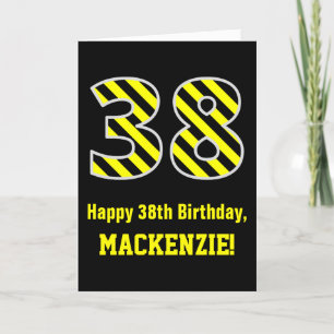 黒く及び黄色のストライプのな"38"; 第38誕生日 + 名前 カード