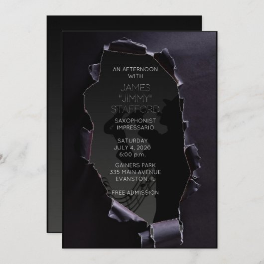 黒く裂けた紙サクソフォニストのコンサートへの招待 招待状 (正面/裏面)