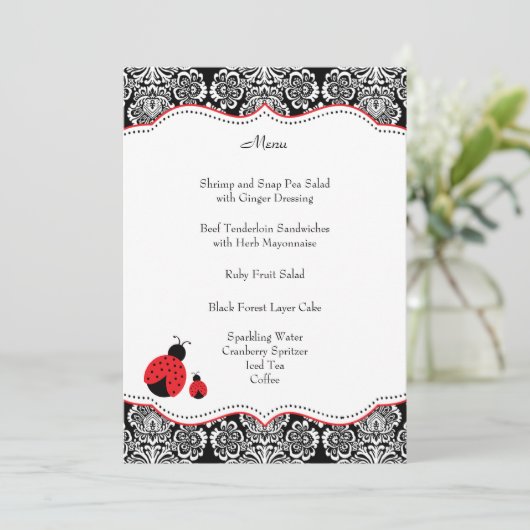 黒く赤いてんとう虫のダマスク織のベビーシャワーメニュー メニュー (スタンド正面)
