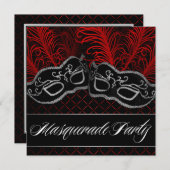 黒く赤いマスクの仮面舞踏会のパーティの招待状 招待状 (正面/裏面)