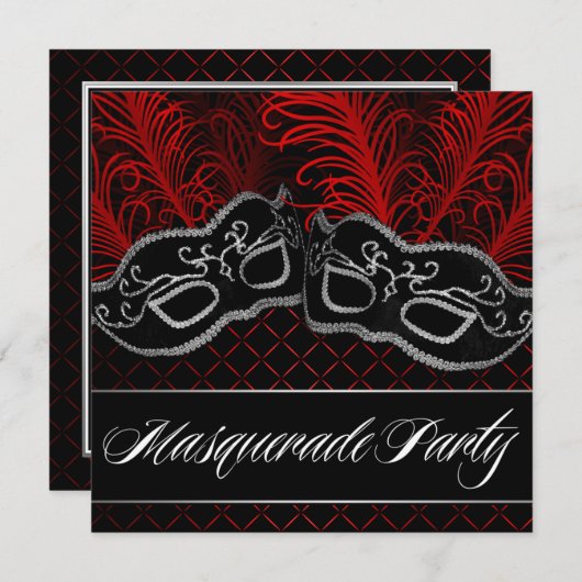 黒く赤いマスクの仮面舞踏会のパーティの招待状 招待状 (正面/裏面)