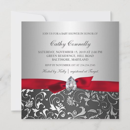 黒く赤いリボンの銀の華麗さのベビーシャワー 招待状 (裏面)