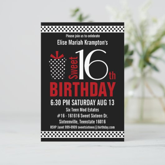 黒く赤い水玉模様の菓子16の誕生日 招待状 (スタンド正面)