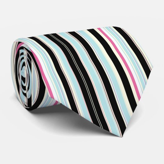 黒く青く白いピンクの縦ストライプパターン ネクタイ (ロール)