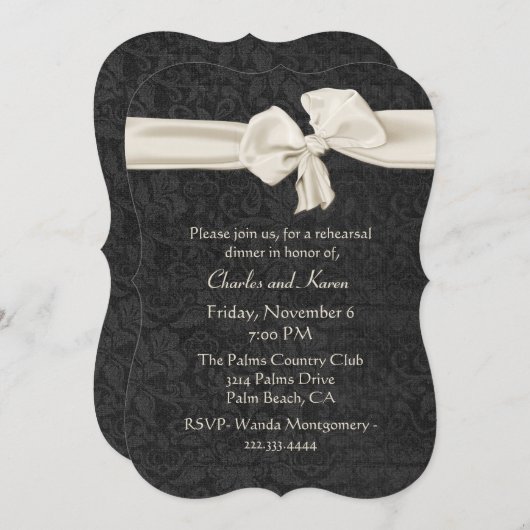 黒く、アイボリーの結婚式のリハーサルの夕食 招待状 (正面/裏面)